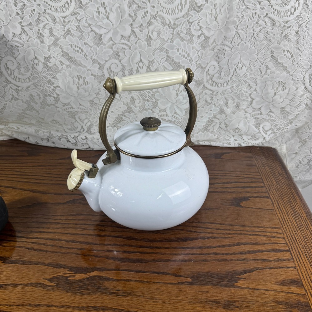 White Enamel Tea Kettle Vintage Style Brass Accents Whistling Spout Cream Handle